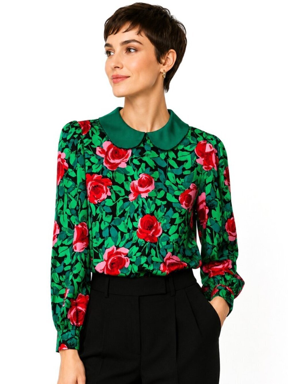Mira Designer Couturier Floral Silk Long Sleeve Blouse